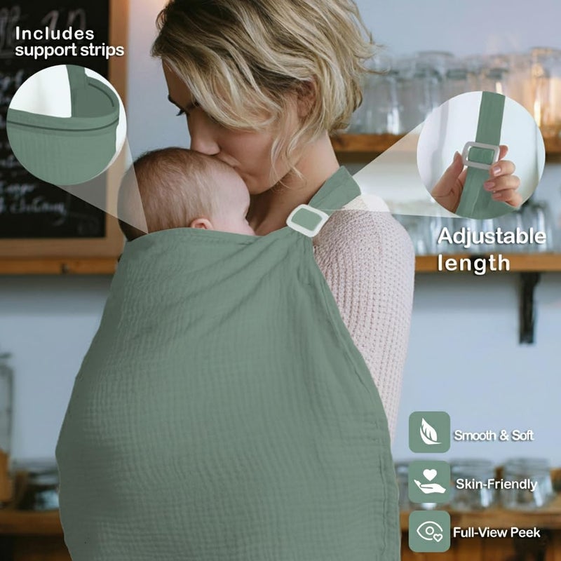 MUGVELL Muslin Nursing Covers for Breastfeeding, Arch Neckline Breast Feeding Covers for Women, Moms Privacy Breathable Summer Nursing, Enlarged XL Size Soft Feeding Cover (Roman Green) - Image 4